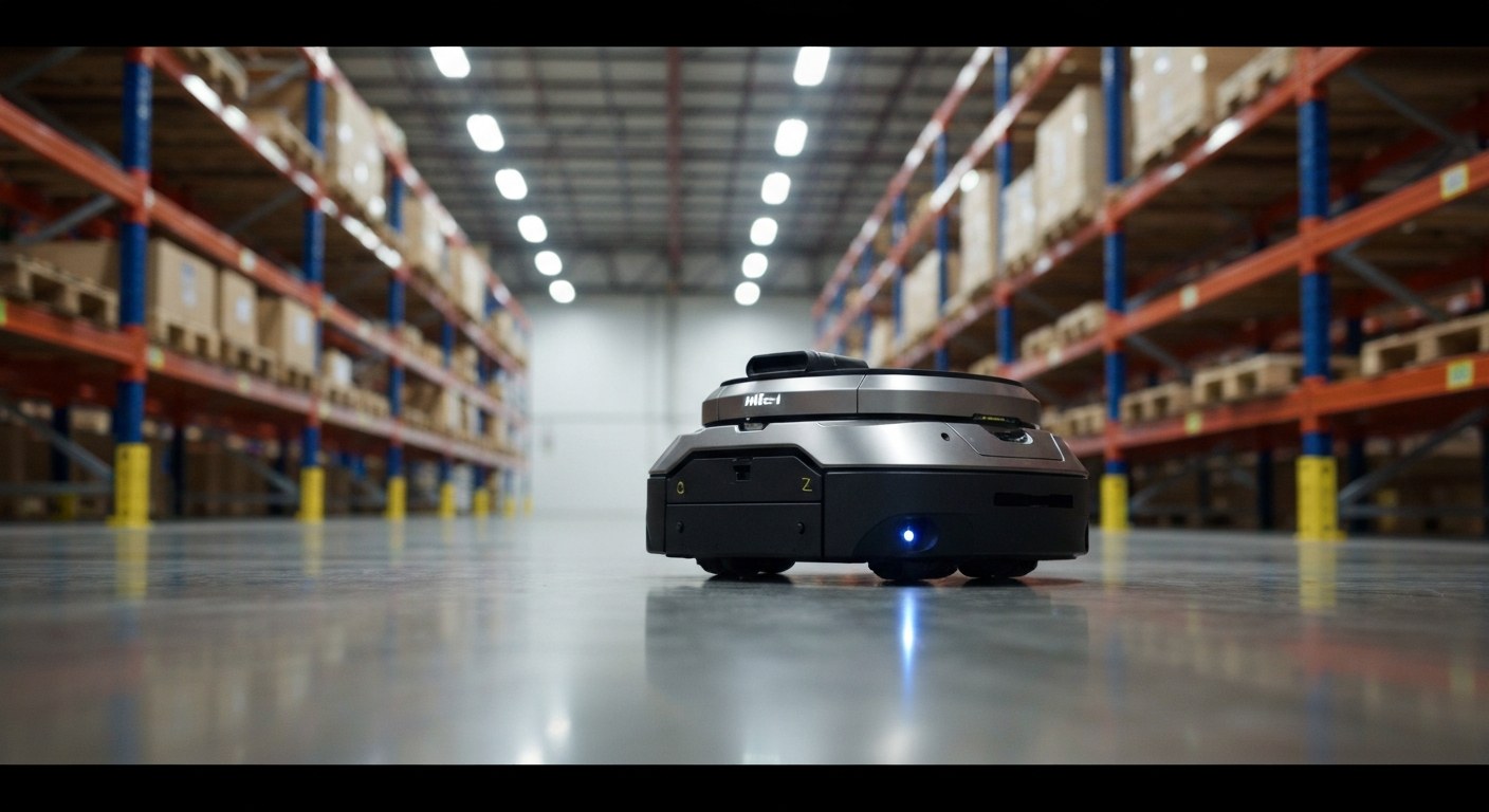 Autonomous Mobile Robots in Modern Logistics A modern autonomous mobile robot navigates a warehouse floor between high-capacity storage racks.