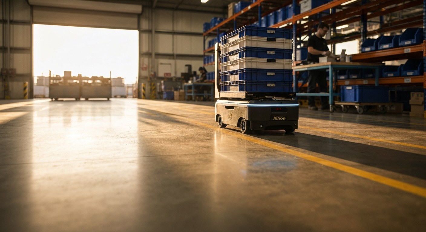 An autonomous mobile robot carries bins across a sunlit warehouse floor with a worker in the background.