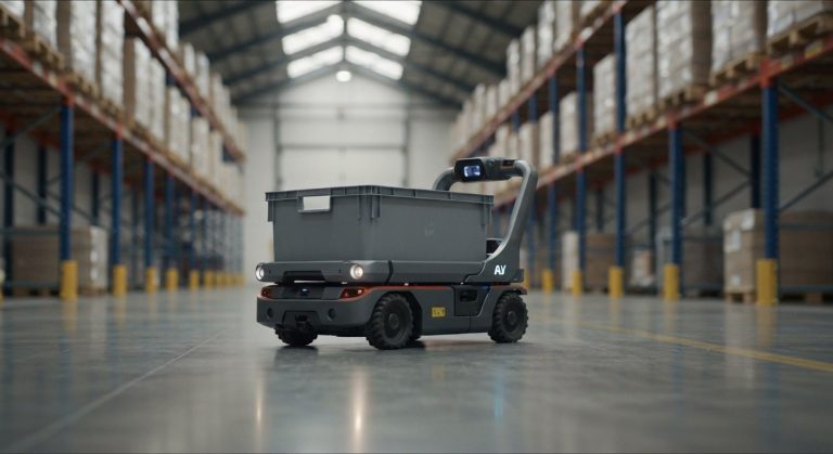 An autonomous mobile robot carrying a grey bin moves across a scuffed concrete warehouse floor under soft skylight.