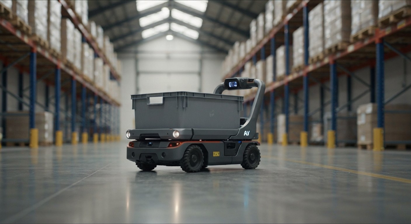 Autonomous Mobile Robot in Modern Distribution Center An autonomous mobile robot carrying a grey bin moves across a scuffed concrete warehouse floor under soft skylight.