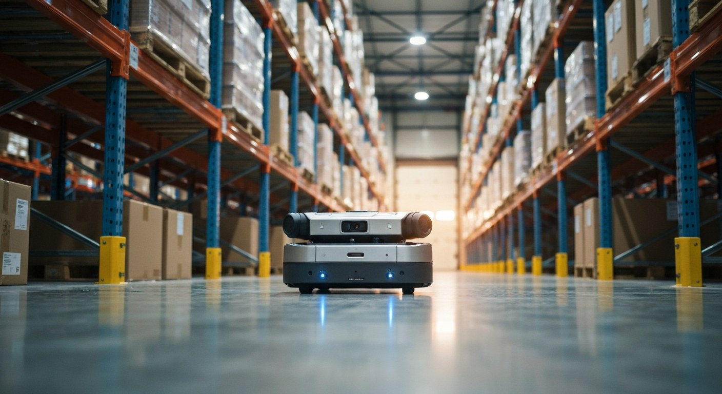 Autonomous Warehouse Robotics and Modern Automation An autonomous mobile robot navigates through a high-tech warehouse aisle with polished concrete floors and LED lighting.