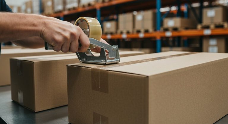Close-up of a worker's hands applying brown packing tape to a corrugated cardboard box in a bright warehouse.