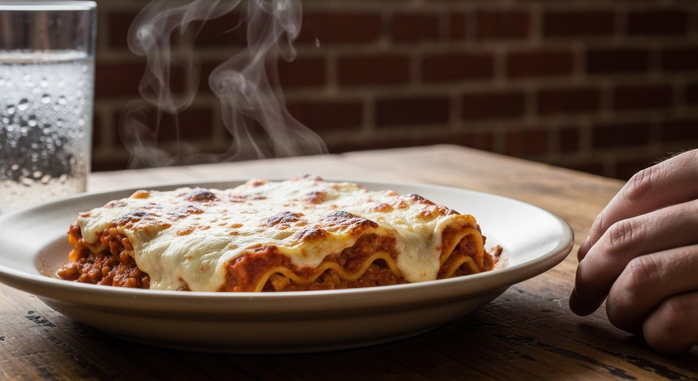 A close-up of a bubbling lasagna dish on a wooden table with a brick wall in the background and soft window light.