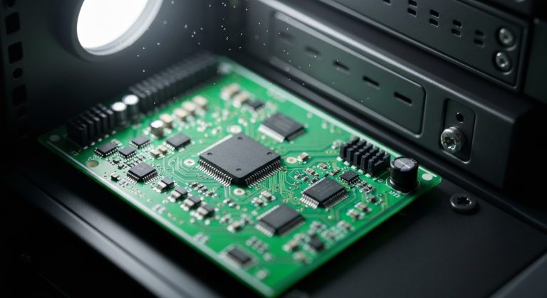Close-up view of a high-tech circuit board in a data center representing bitwise data operations.