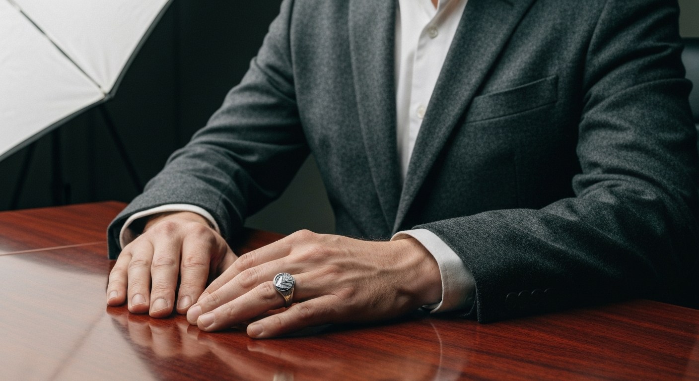 Close up of a person in a dark suit with hands on a mahogany table, wearing an antique silver ring.