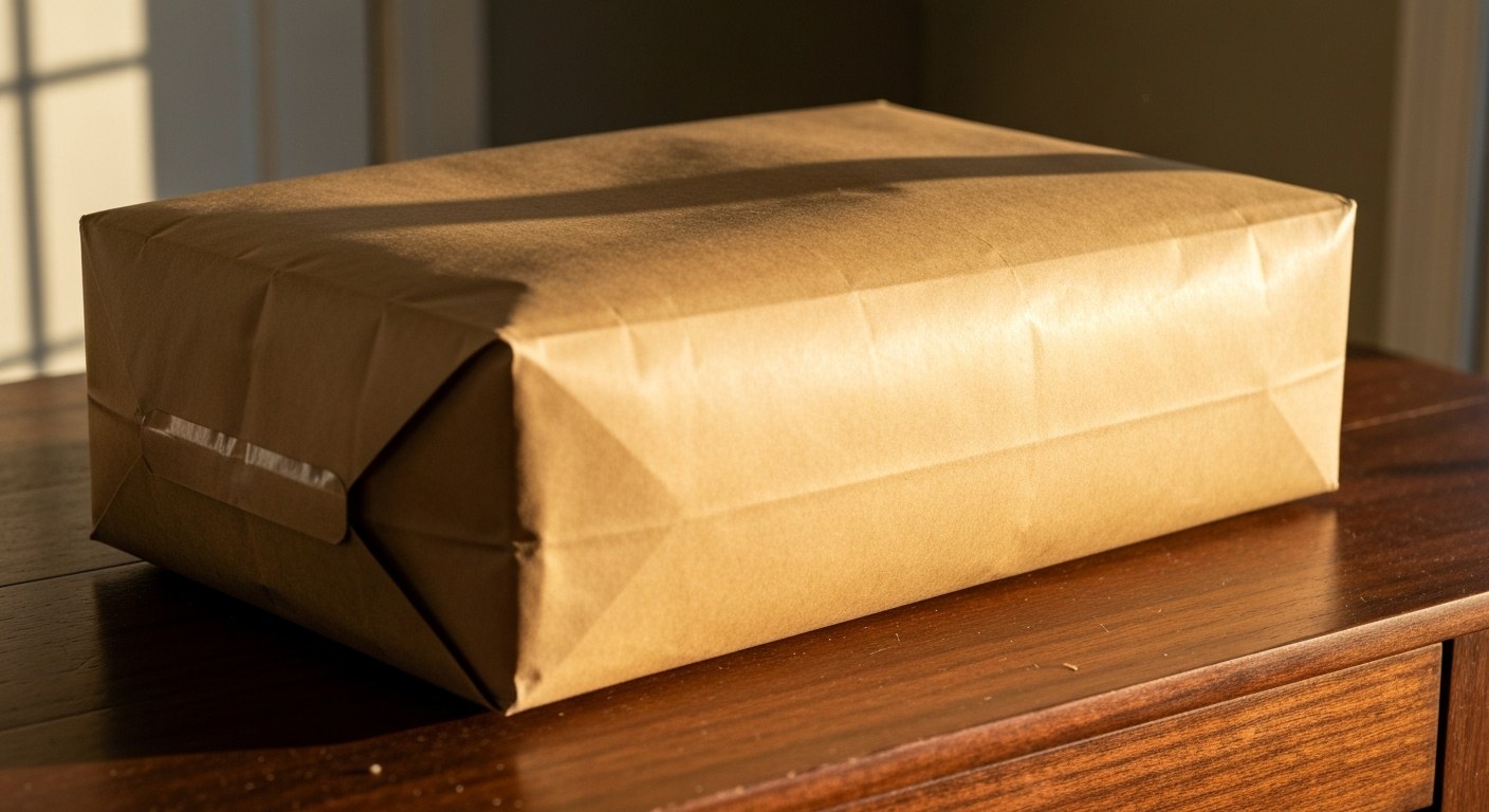 Tactile Privacy of Padded Mailers A plain brown padded mailer sits on a wooden table in warm afternoon sunlight.