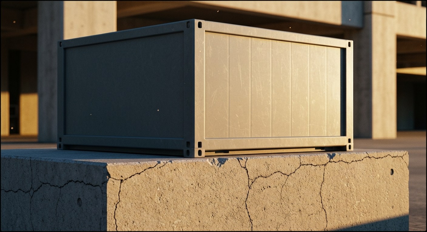 Brutalist Packaging Architecture A grey industrial shipping package sitting on a cracked concrete pedestal during golden hour.