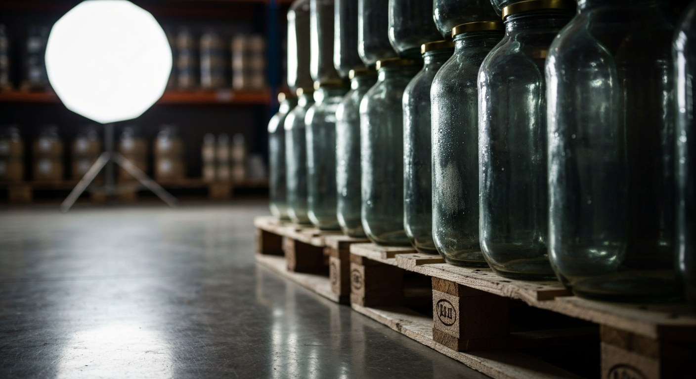 Bulk Purchasing and SKU Rationalization Close-up of a wooden pallet stacked with large glass jars in a warehouse setting with soft bokeh background.