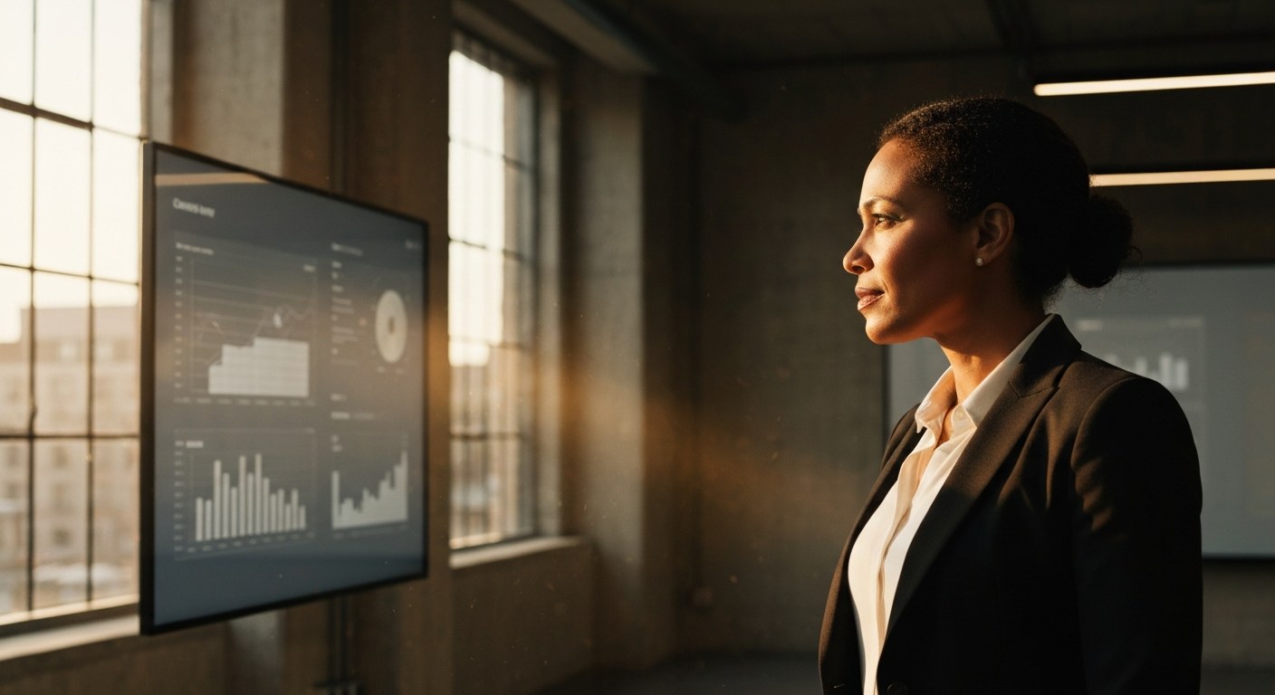 A female executive looking at data visualizations on a glass screen in a modern sunlit boardroom.
