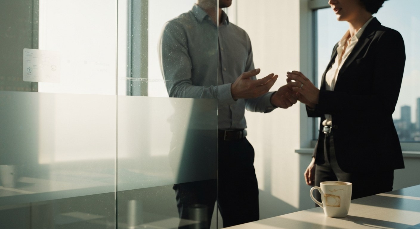 Modern Business Intelligence Strategy Session Two business professionals discussing data strategy in a bright modern office with large windows and glass partitions.