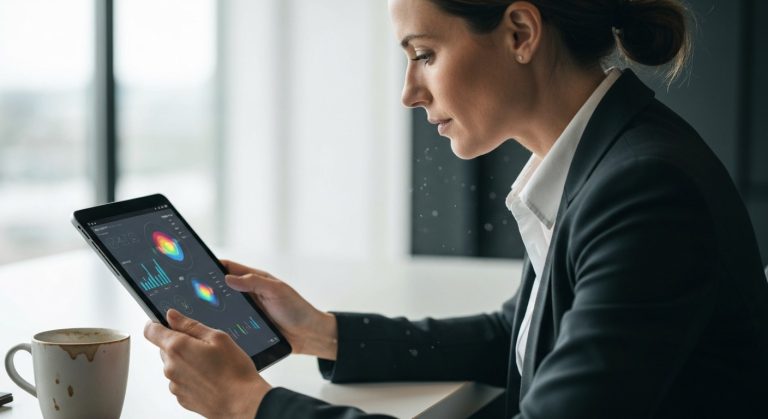 A professional woman in a bright office reviews data charts on a tablet, with soft natural lighting and shallow depth of field.