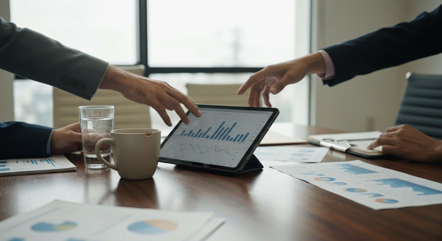 Collaborative Business Intelligence Synergy A diverse business team collaborating around a wooden table with tablets and reports in a bright office.