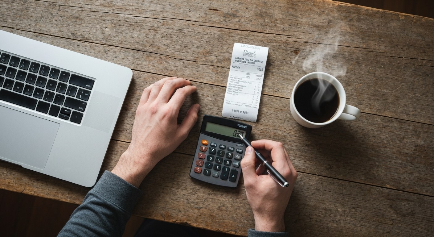Calculating Delivery Driver Expenses Close-up of hands on a wooden table with a calculator, a pen, and a fuel receipt next to a laptop.