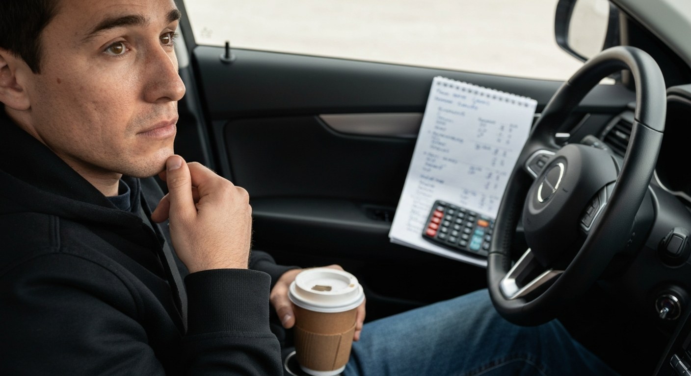 A driver sitting in a car looking at a notebook with calculations, reflecting on delivery earnings.