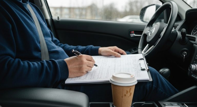 Amazon Flex Pay: Is It Still Worth It? (Review) 2 A gig delivery driver reviewing financial records on a clipboard inside their vehicle.