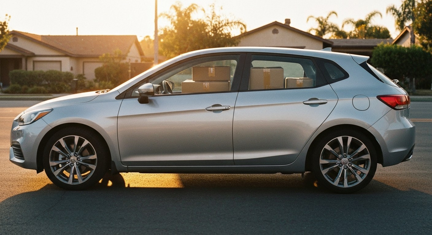 A silver car parked on a suburban California street during golden hour with delivery packages in the back seat.