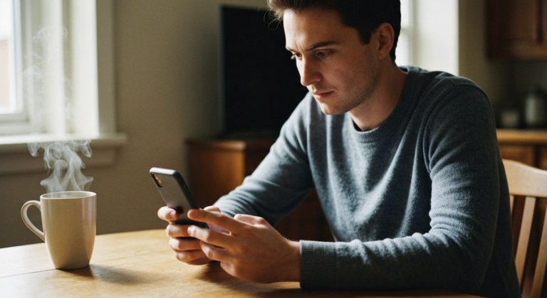 A person sits at a wooden table looking at a smartphone next to a steaming cup of coffee in a morning kitchen.
