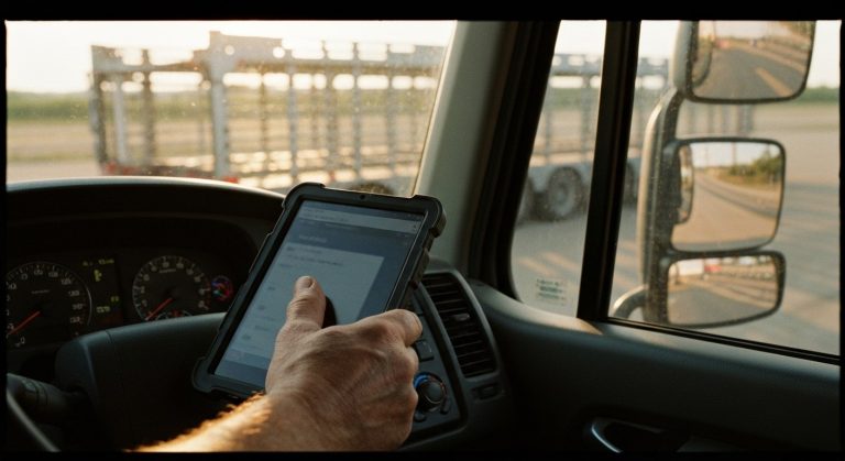 Close-up of a truck driver's hand holding a tablet in a sunny cab, with a car carrier trailer blurred in the background.