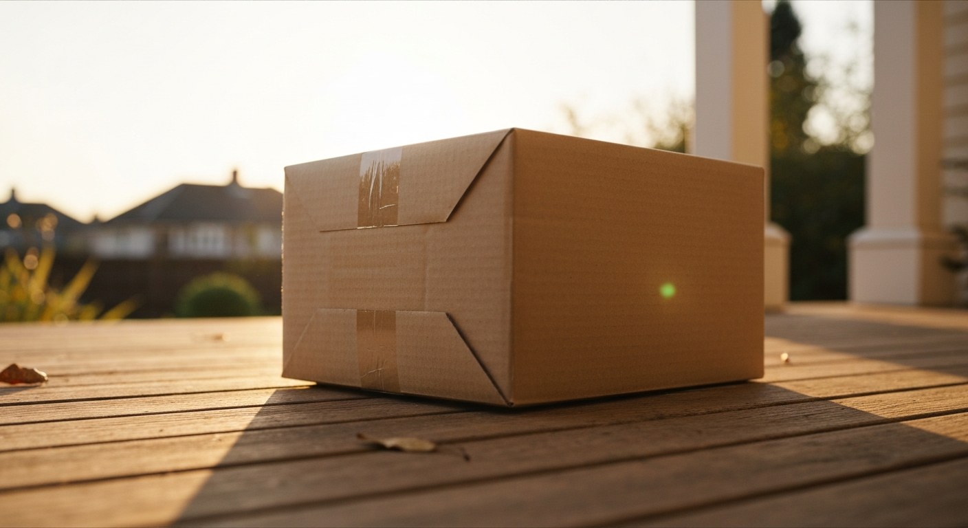 A brown cardboard package sitting on a wooden porch during the warm light of sunset.