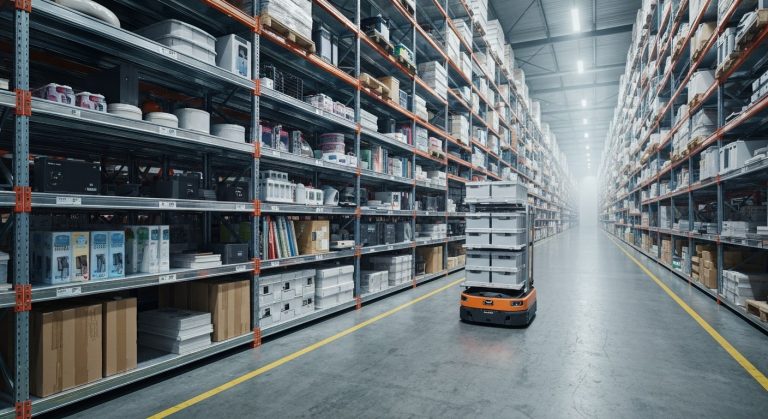 How Do Amazon Warehouses Work? (Inside Look) 2 Autonomous robot moving inventory pod in an organized but chaotic storage warehouse