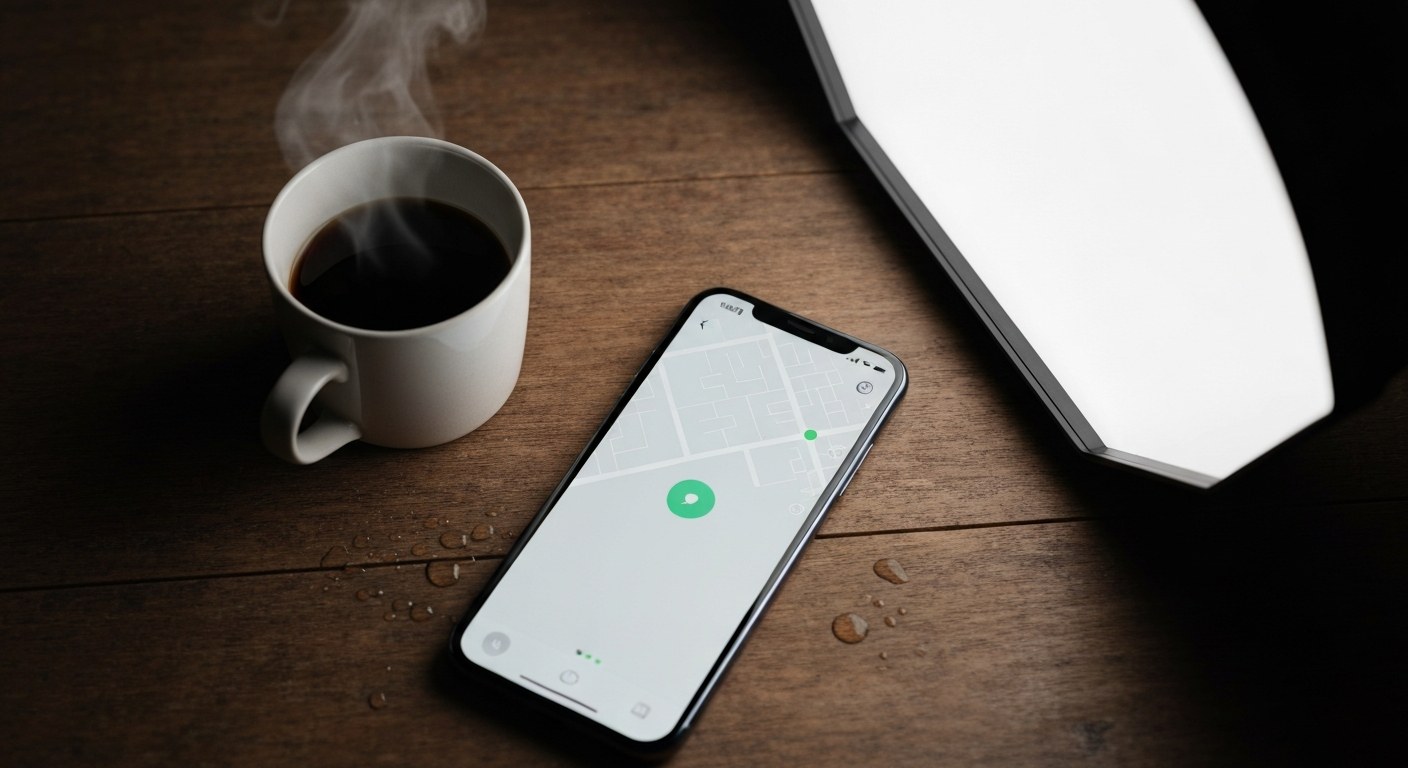 Smartphone on a desk showing a delivery app interface with a status indicator.