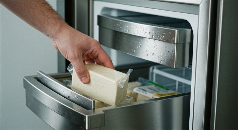 A chef's hand placing a sealed plastic container of tofu into a professional stainless steel freezer drawer.