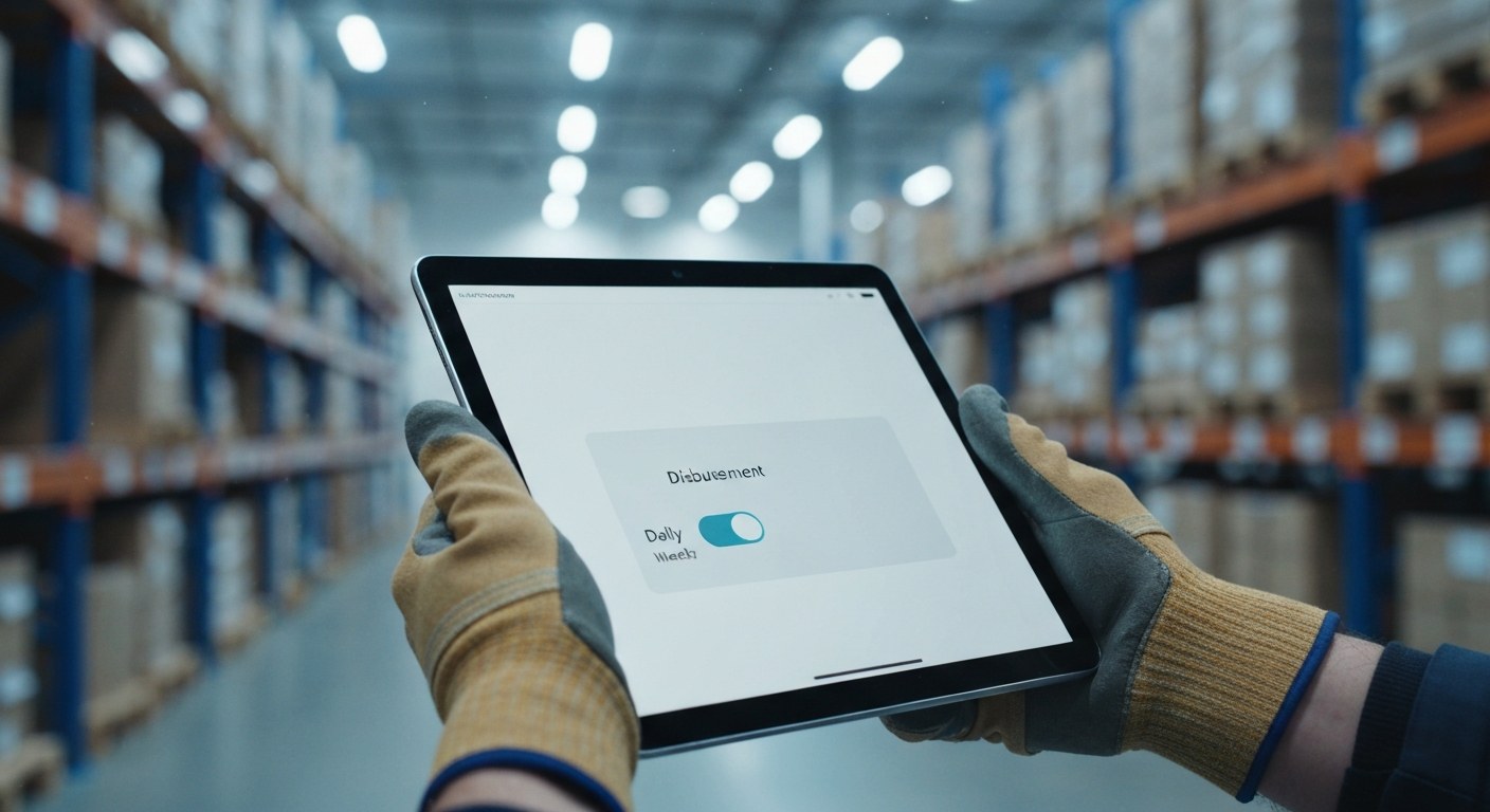 Comparing Anytime Pay and Weekly Deposits Logistics worker holding a tablet in a warehouse, choosing between daily or weekly pay options on a digital dashboard.