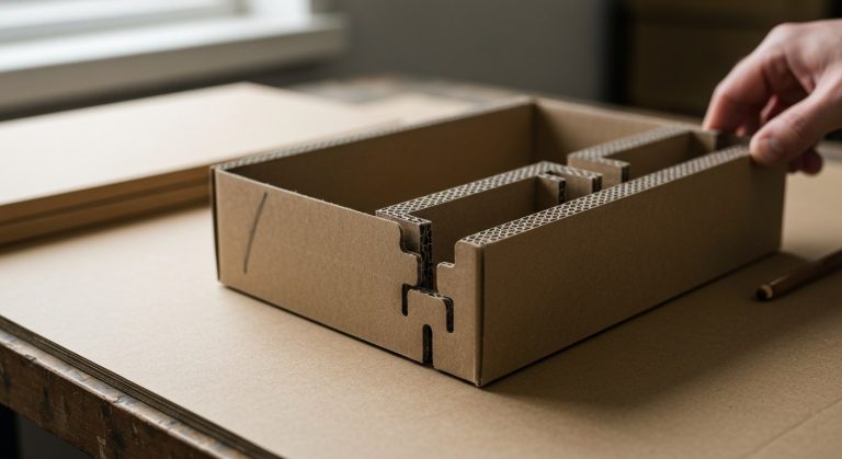 Close-up of hands assembling sustainable corrugated cardboard packaging on a warehouse workbench.