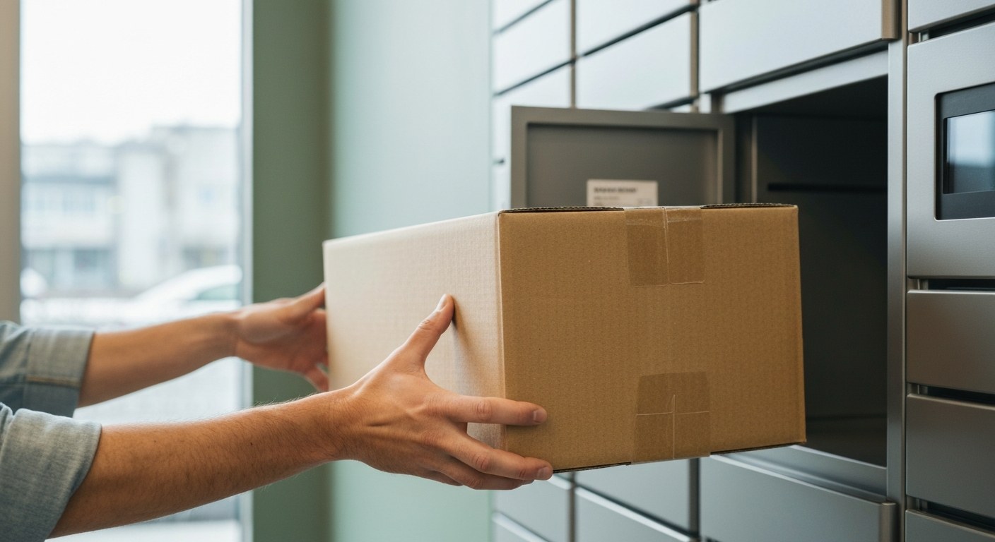 Customer Pickup and Click and Collect Services Close-up of hands retrieving a flat-packed cardboard box from a modern metal storage locker.