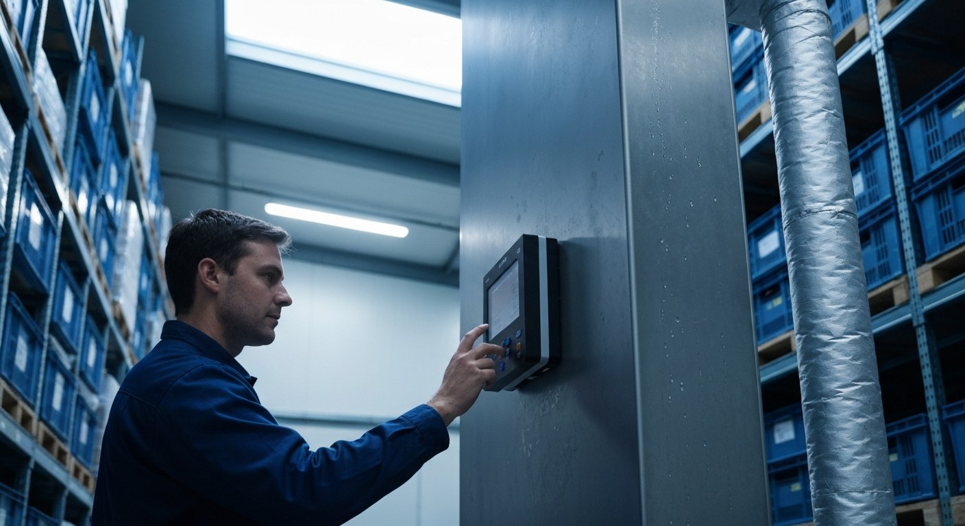 Specialized Climate-Controlled Logistics A technician checks a digital sensor in a climate-controlled warehouse with refrigerated pipes and metal shelving.