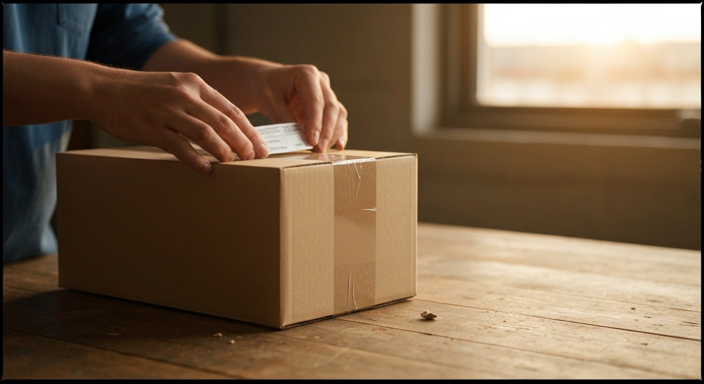 Efficient Order Fulfillment Process Close-up of a person's hands placing a label on a cardboard shipping box in warm natural light.