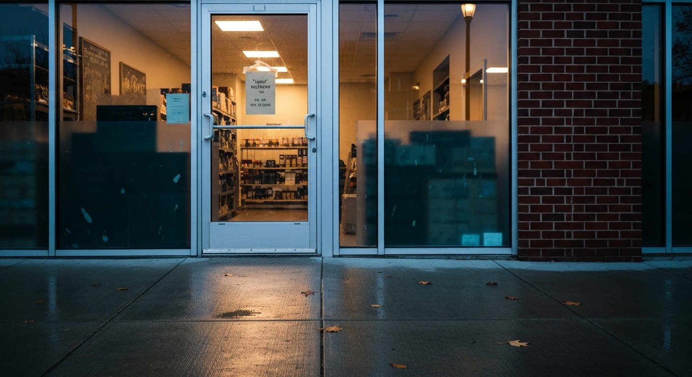 Retail Shipping Store Thanksgiving Closure A retail shipping store storefront at dusk with a holiday closure sign on the glass door.