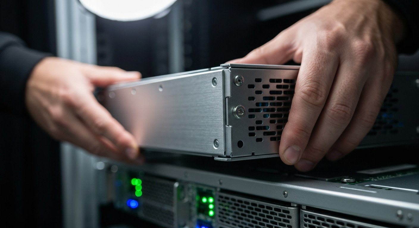 Modern Cloud Data Warehouse Infrastructure Close-up of a technician inserting a metallic server blade into a data center rack with soft glowing lights.
