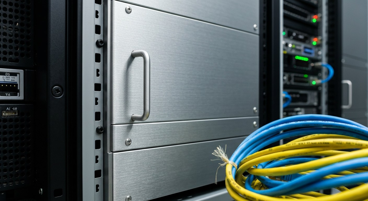 Cloud Native Infrastructure for Data Lakes Close-up of server hardware in a data center showing metallic textures and network cabling.