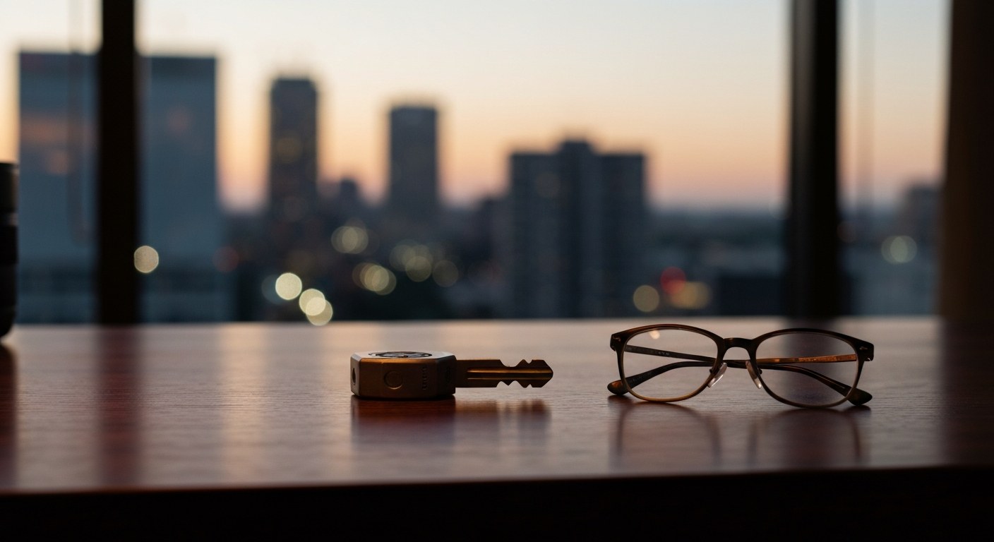 Cloud Native Enterprise Data Workspace A hardware security key and glasses on a wooden desk in front of a blurred city skyline at dusk.