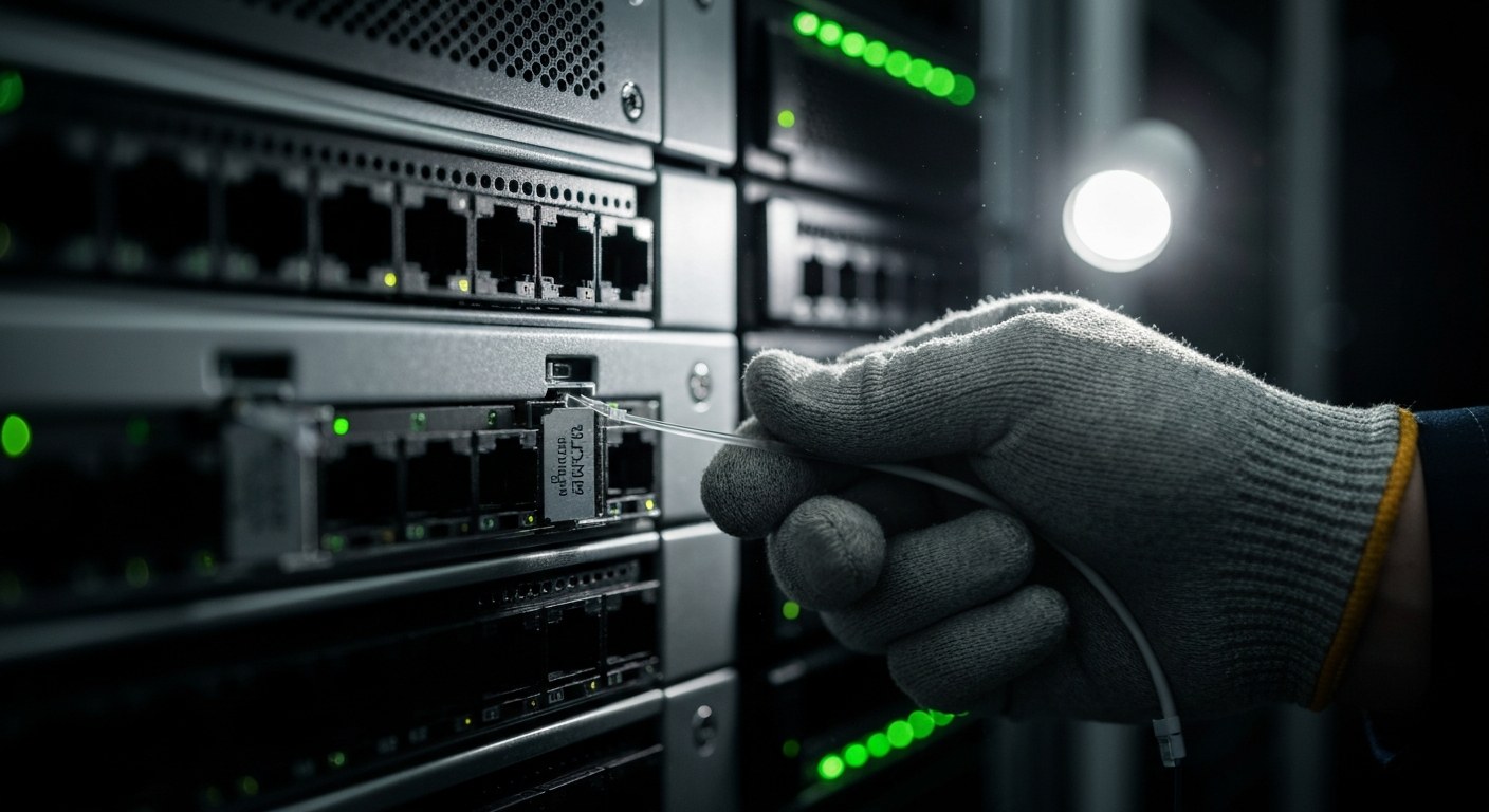 Macro shot of a gloved hand connecting a fiber optic cable into a server rack in a data center.