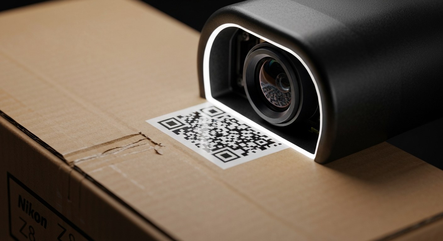Warehouse Scanner CMOS Imager Close-up Macro close-up of a barcode scanner lens reading a QR code on a textured cardboard box.
