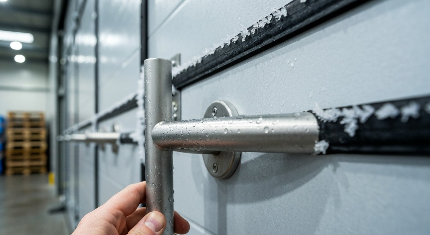 Cold Storage Facility Specialized Infrastructure Close-up of a stainless steel handle on a frosted cold storage warehouse door with condensation droplets.