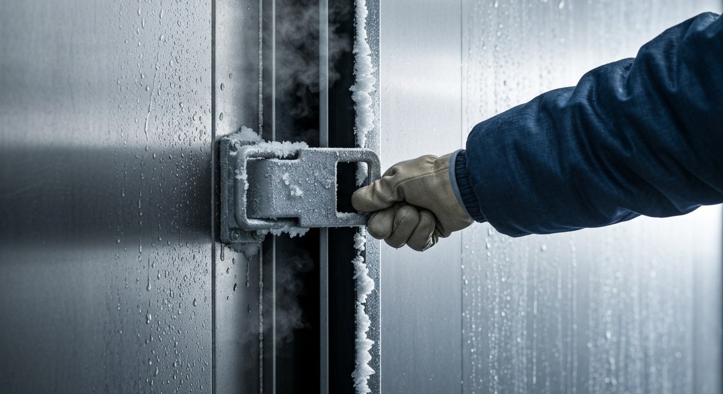Specialized Cold Chain Storage Facility A frosted industrial freezer door in a warehouse with condensation droplets and a worker's arm in a thermal jacket.