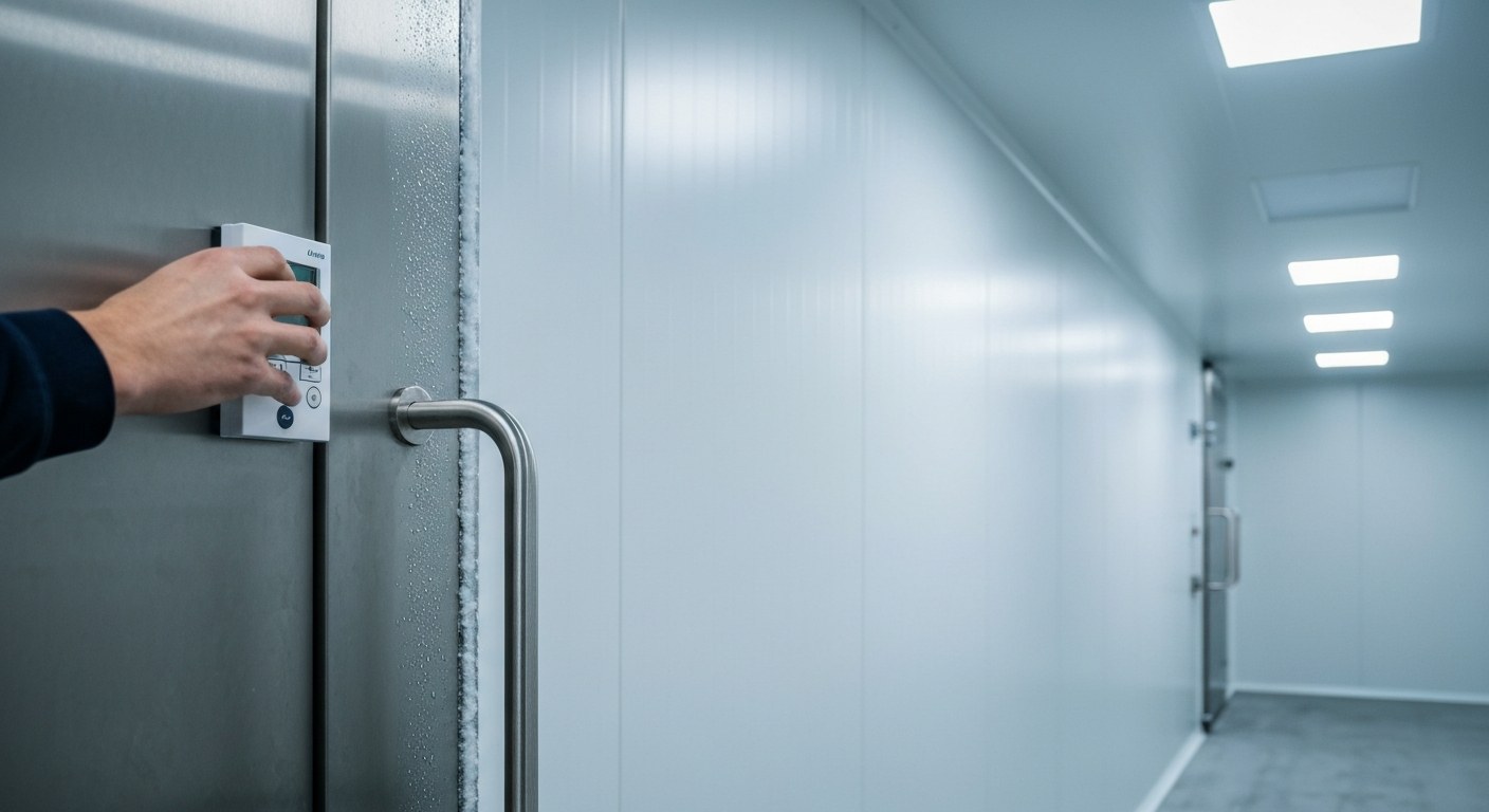 Industrial Cold Storage Climate Control Interior of a temperature-controlled cold storage warehouse with insulated panels and a digital thermostat control.