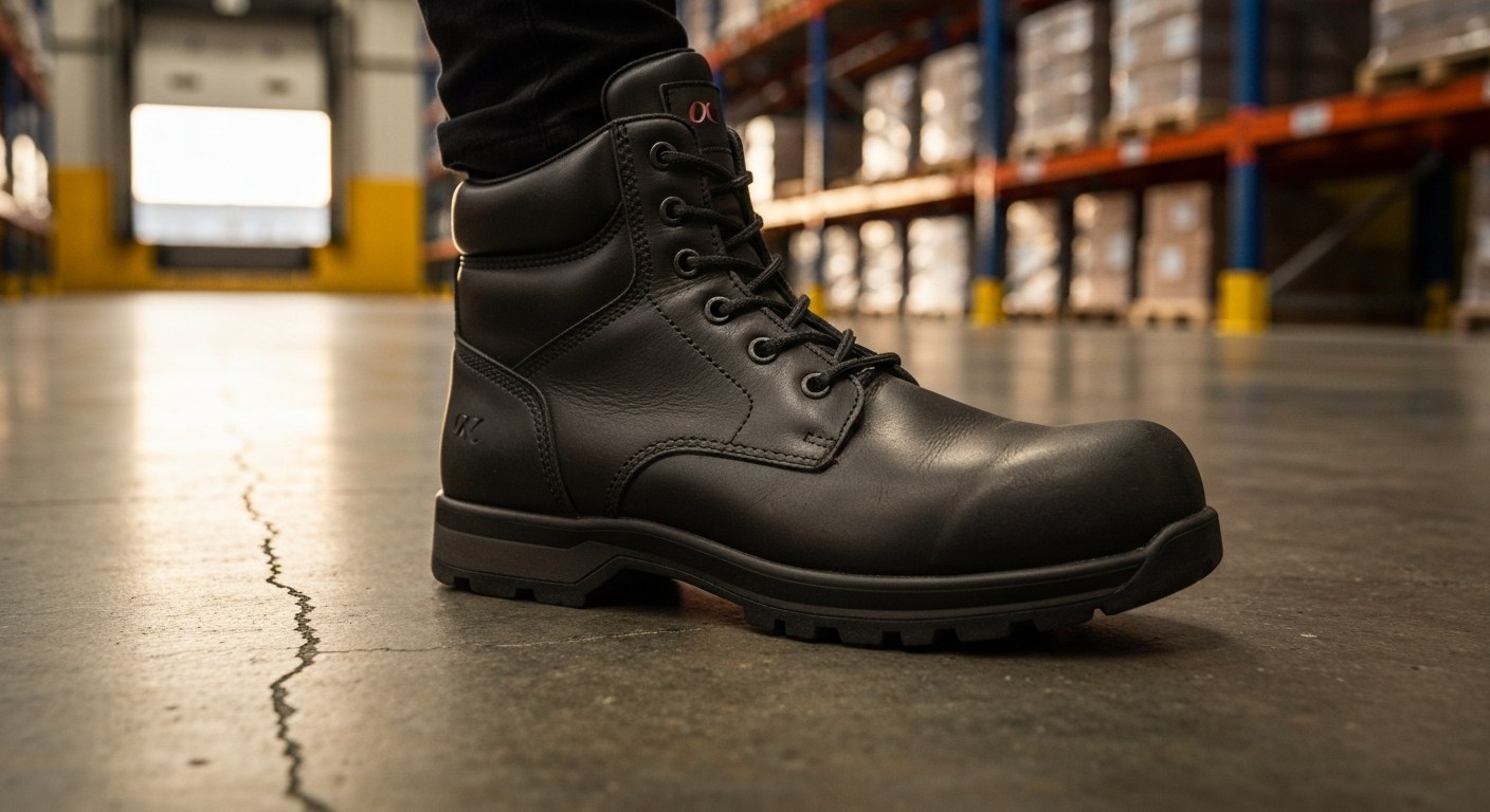 Composite Safety Boots for Warehouse Work Close-up of composite safety boots on a concrete warehouse floor with golden sunlight.
