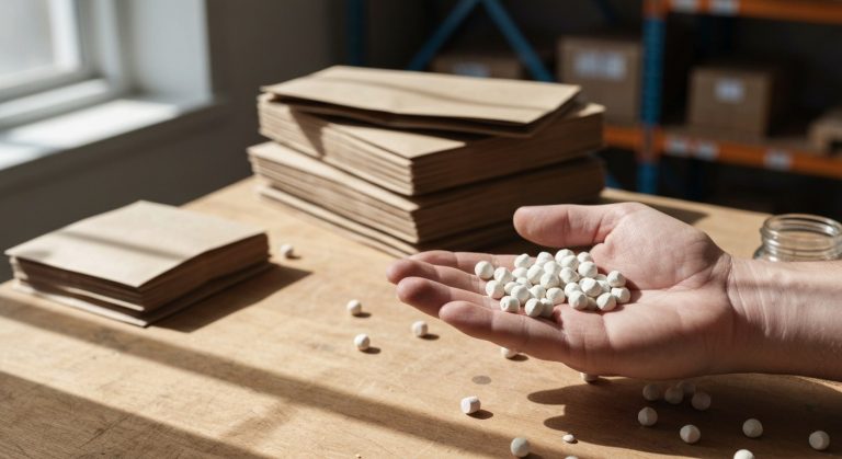 Close-up of a hand holding raw bioplastic pellets over a wooden workbench with compostable shipping mailers in the background.