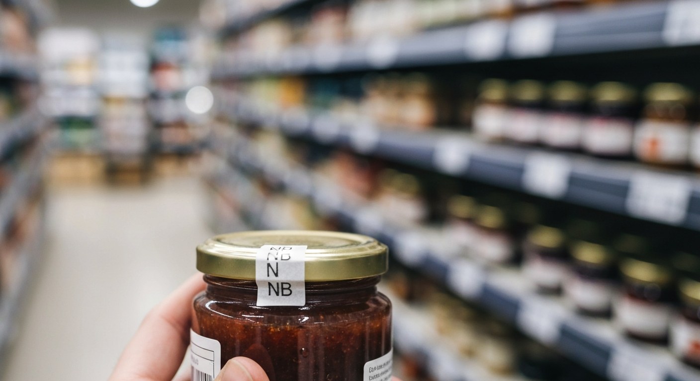 Deciphering Confusing Food Labels Close up of a shopper's hand holding a food jar with an unclear label code in a grocery store.