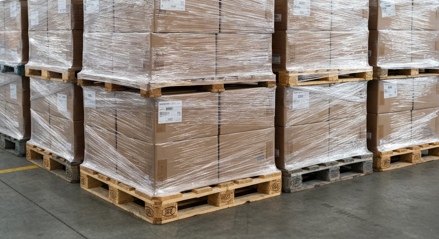 Neatly stacked and shrink-wrapped cardboard boxes on wooden pallets in a distribution center.