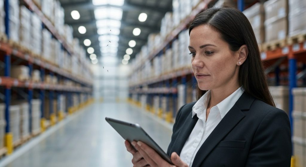 What Is Contract Warehousing? (The Real Costs) 11 A logistics manager reviews inventory data on a tablet inside a bright, modern warehouse facility with high ceilings.