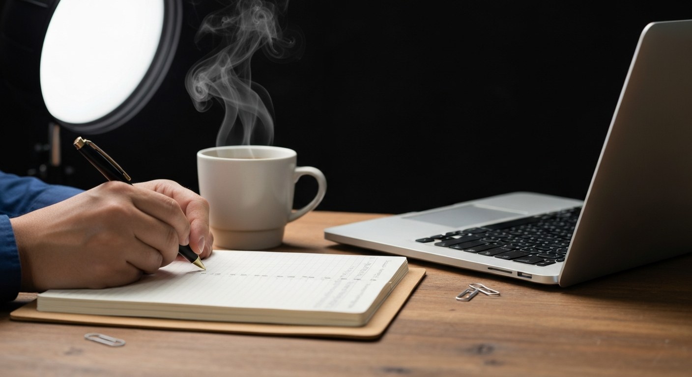 A person's hand writing in a notebook next to a laptop and a cup of coffee on a wooden desk.