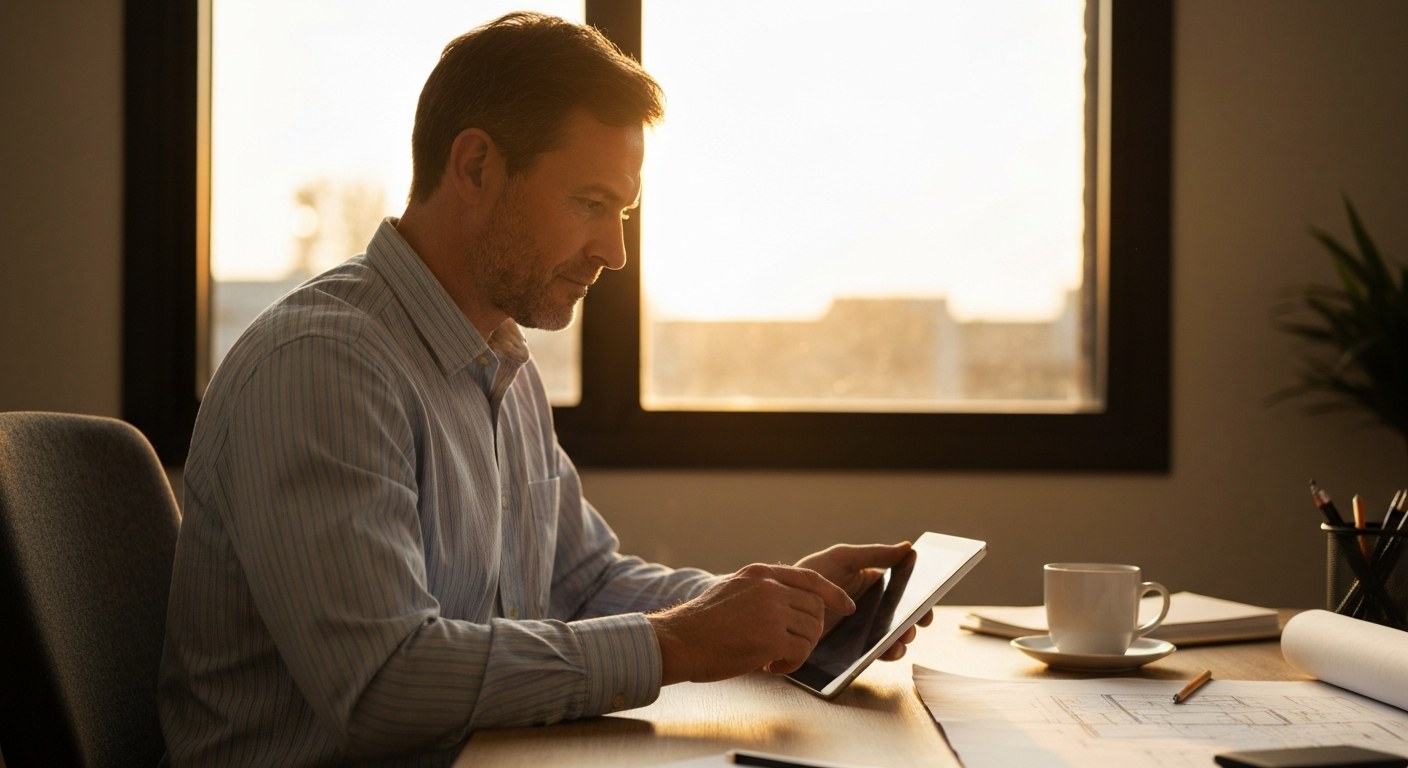 Contractor Reviewing Supplier Procurement Strategy A contractor using a tablet in a sunlit office to research hardware suppliers and read customer reviews.
