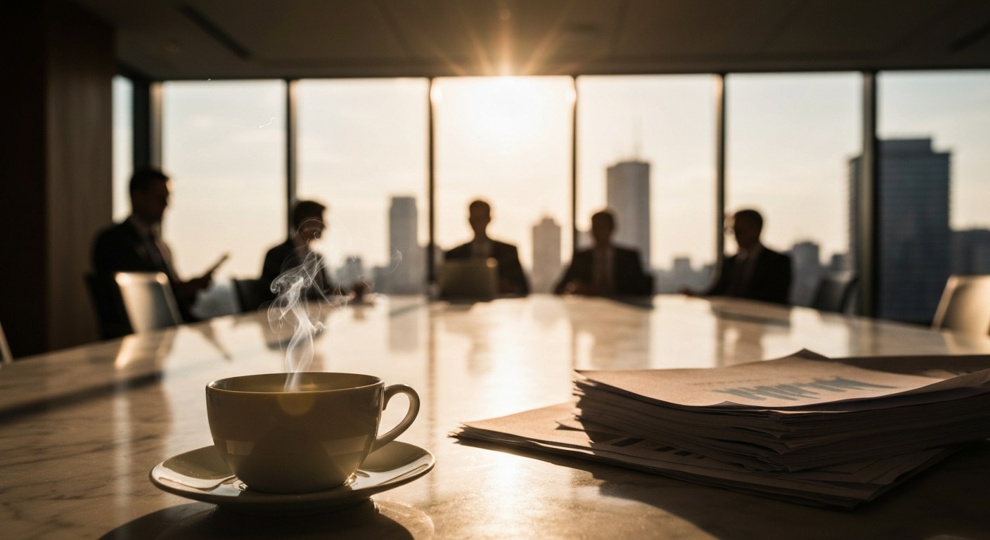 A sunlit boardroom with reports and coffee on a marble table, overlooking a city skyline at sunset.