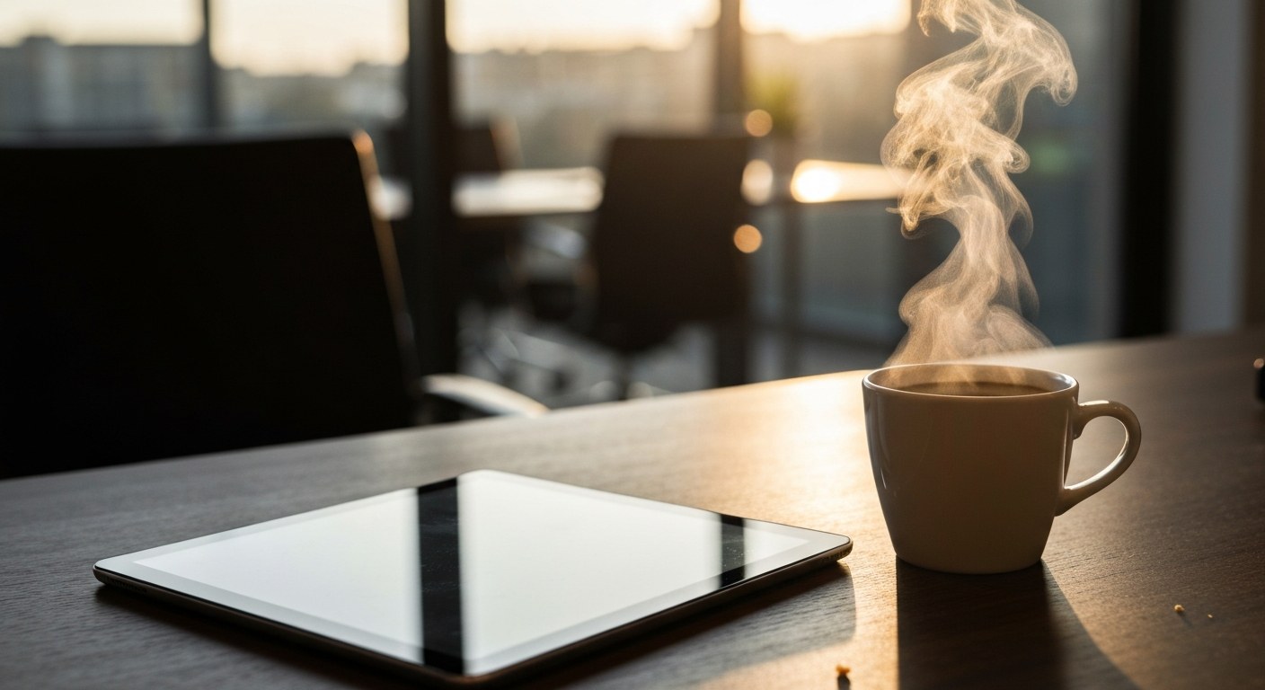 A tablet and a cup of steaming coffee on a dark executive desk in a sunlit office during sunset.