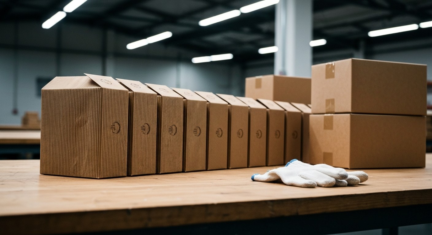 Eco-friendly custom mailers stacked on a wooden workbench in a clean, modern warehouse.